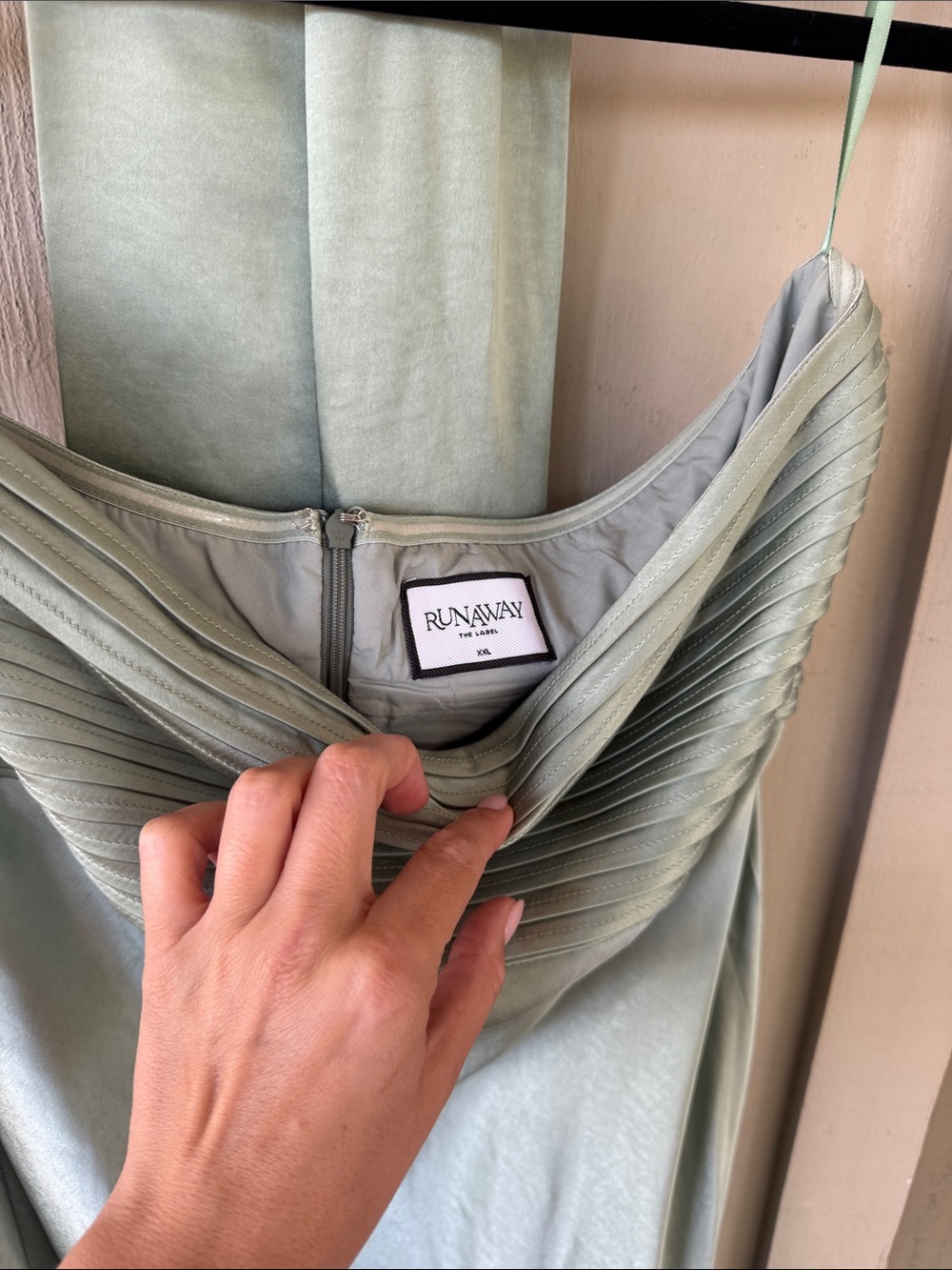 Satin strapless Maxi Dress in sage green - Picture 2 of 6